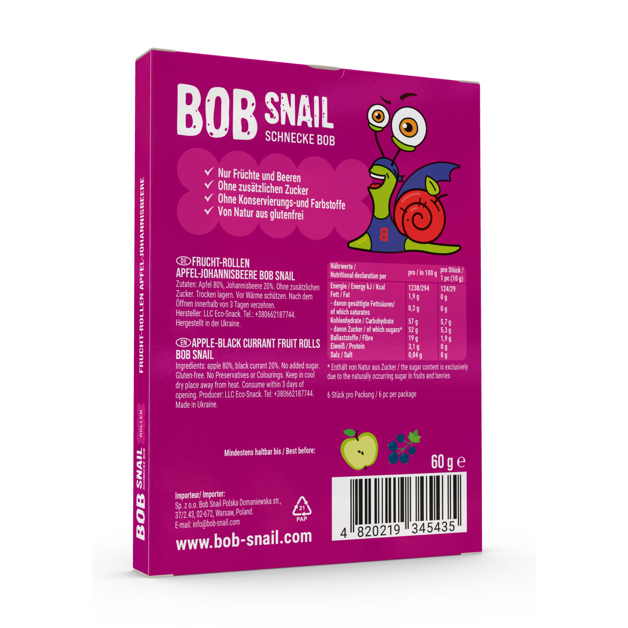 Bob Snail Fruchtrollen Apfel-Johannisbeere 20x60g