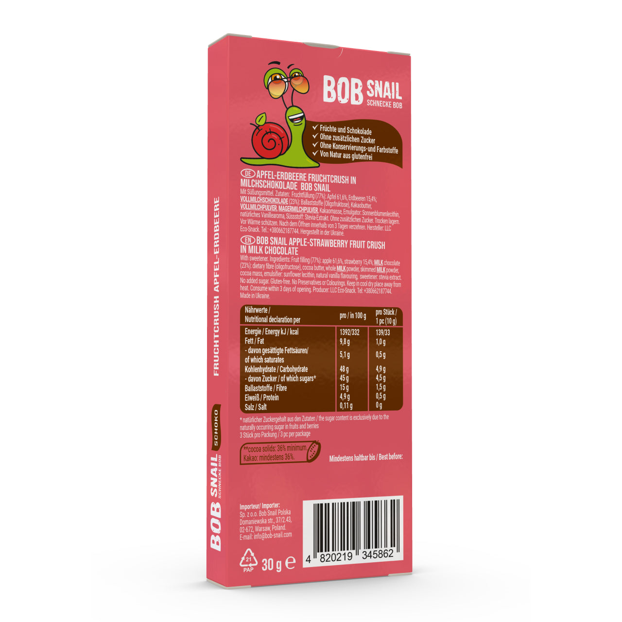 Bob Snail Schoko Fruchtcrush Vollmilch Apfel-Erdbeere 24x30g