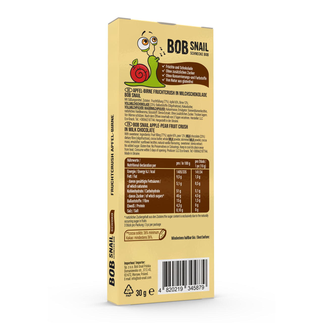 Bob Snail Schoko Fruchtcrush Vollmilch Apfel-Birne 24x30g