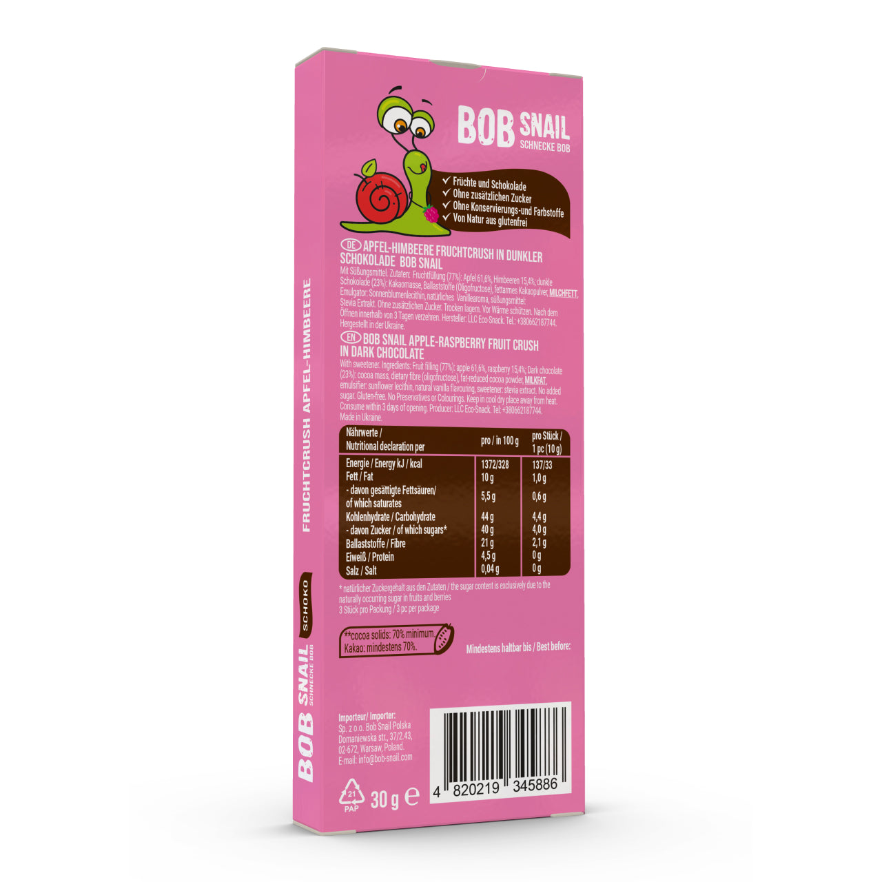 Bob Snail Schoko Fruchtcrush Zartbitter Apfel-Himbeere 24x30g