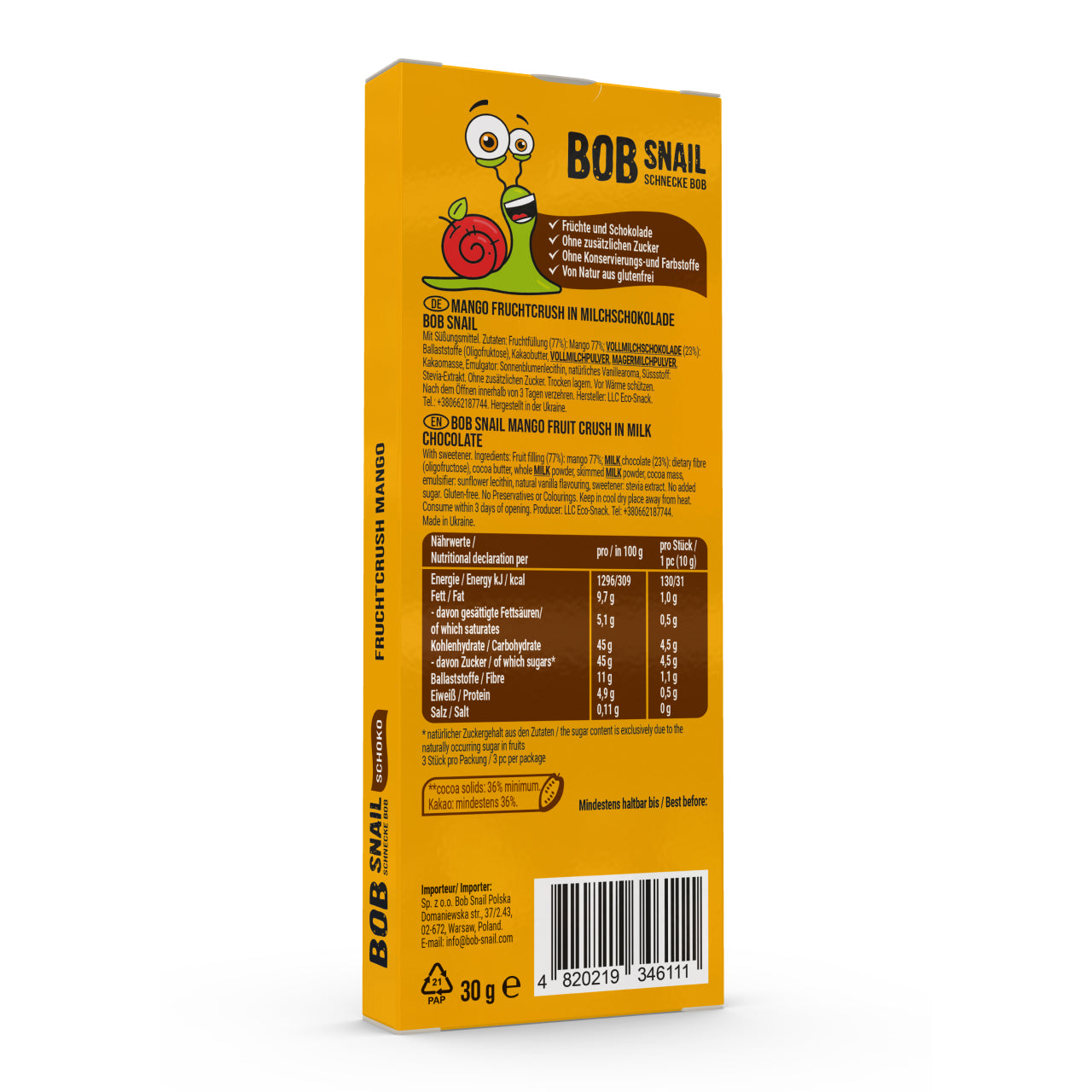 Bob Snail Schoko Fruchtcrush Vollmilch Mango 24x30g