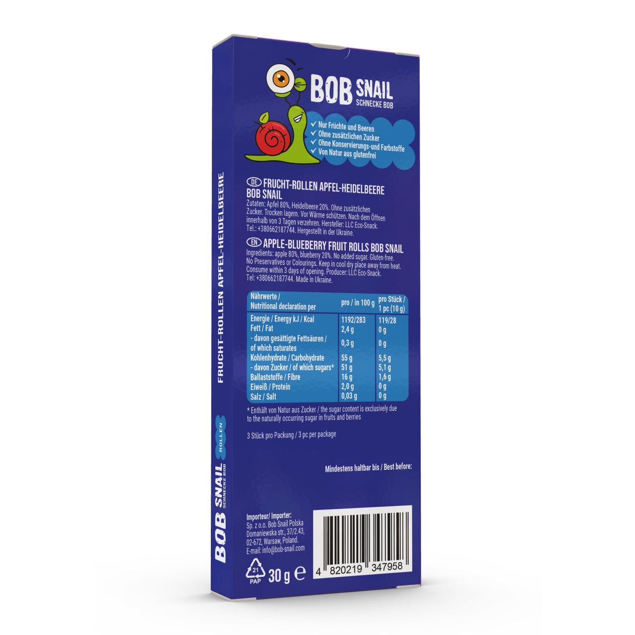 Bob Snail Fruchtrollen Apfel-Heidelbeere 24x30g