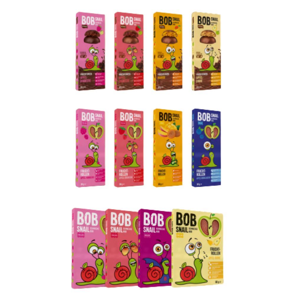 Bob Snail Display 6 - Fruchtrollen 30g, Fruchtcrush 30g, Fruchtrollen 60g
