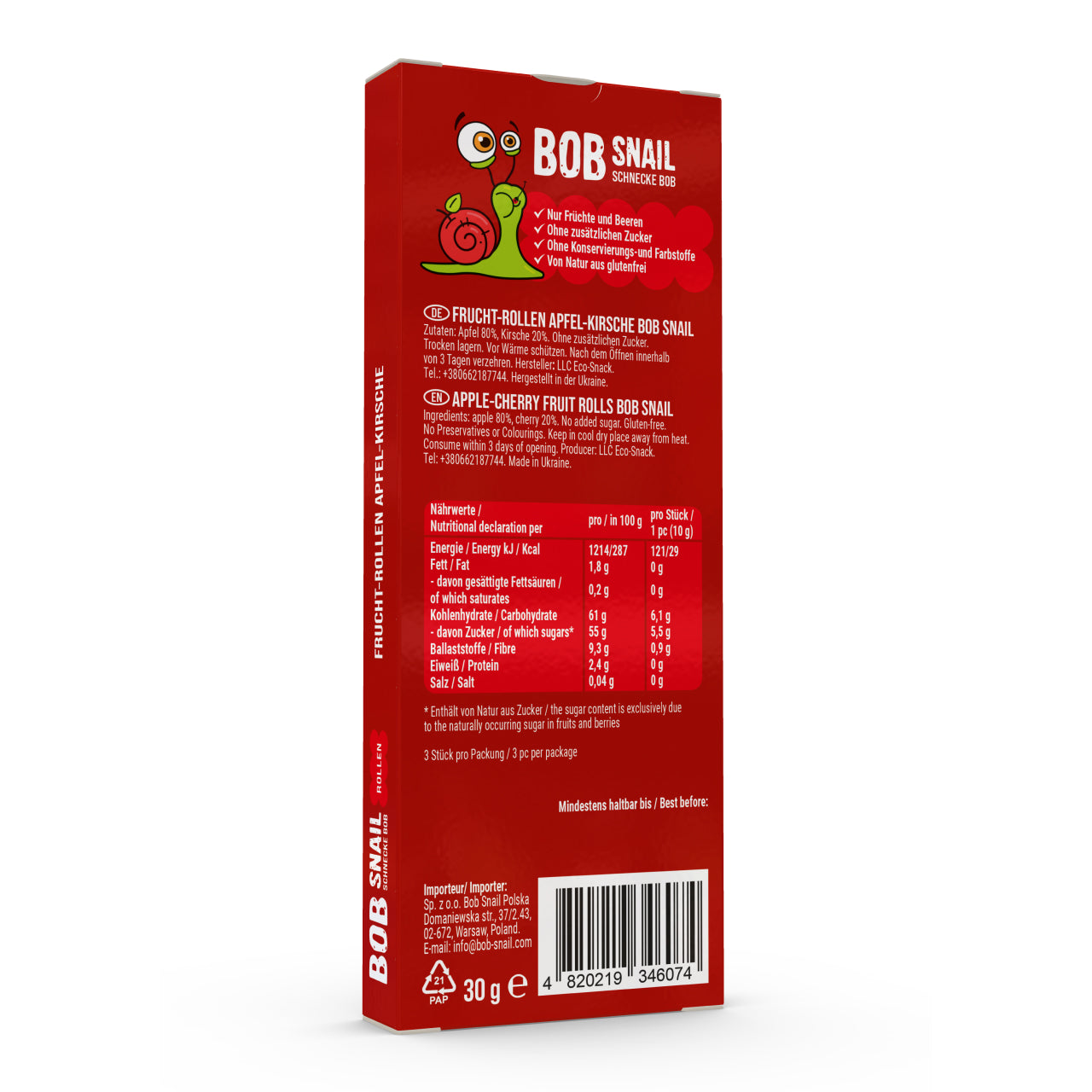 Bob Snail Fruchtrollen Apfel-Kirsche 24x30g